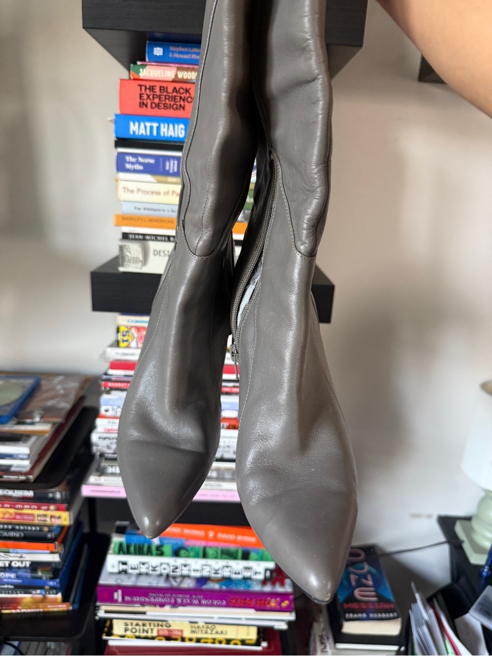 Nine West Grey Leather Over-the-Knee Pointed Toe Boots - Picture 3 of 8